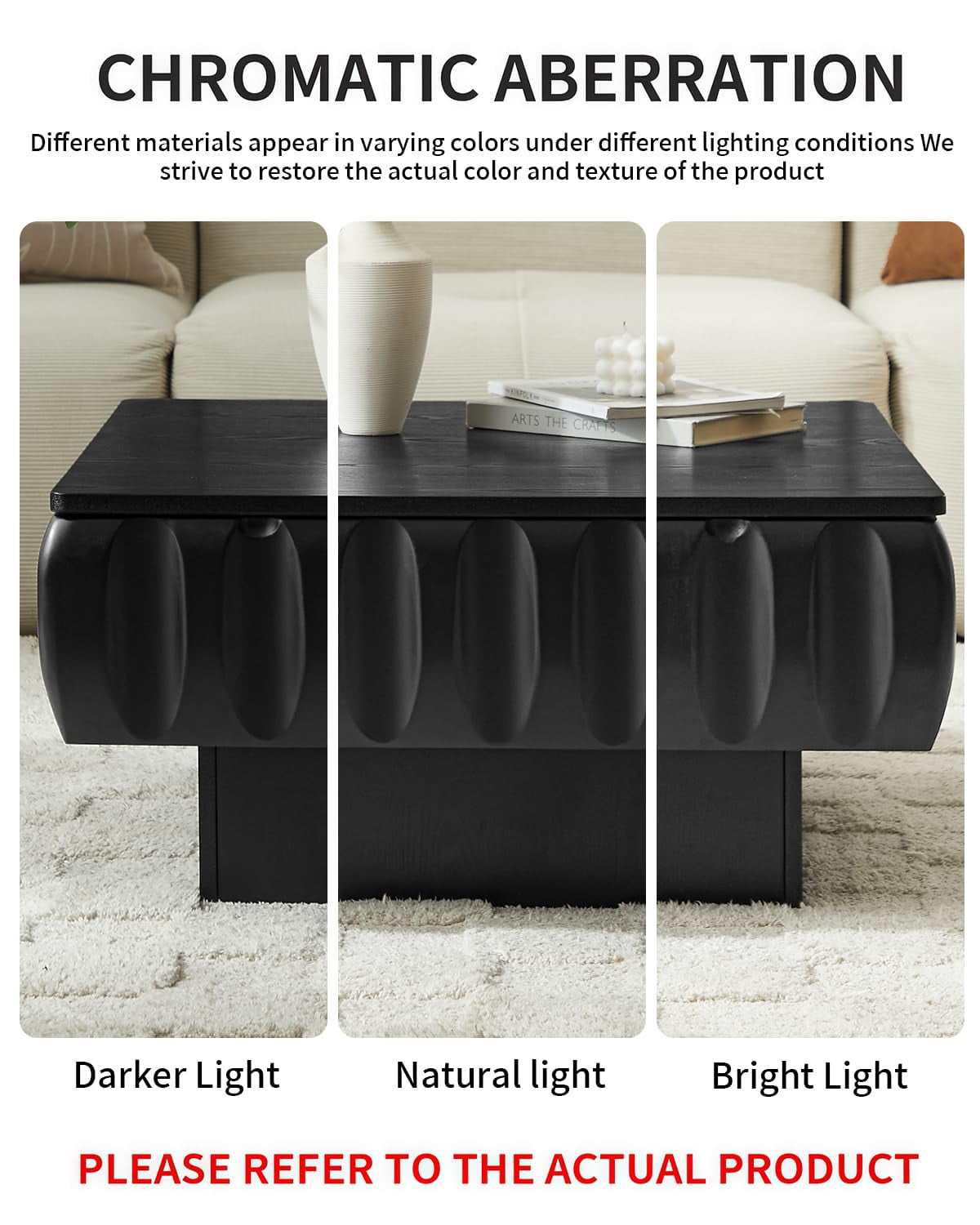 Lift Top Coffee Table with Hidden Storage, 31 inch Solid Wood Fluted Design for Small Space Living Room, Black