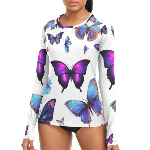 joogoo Womens UPF 50 Sun Shirts Butterfly Long Sleeve UV Protection Rash Guard Tops S