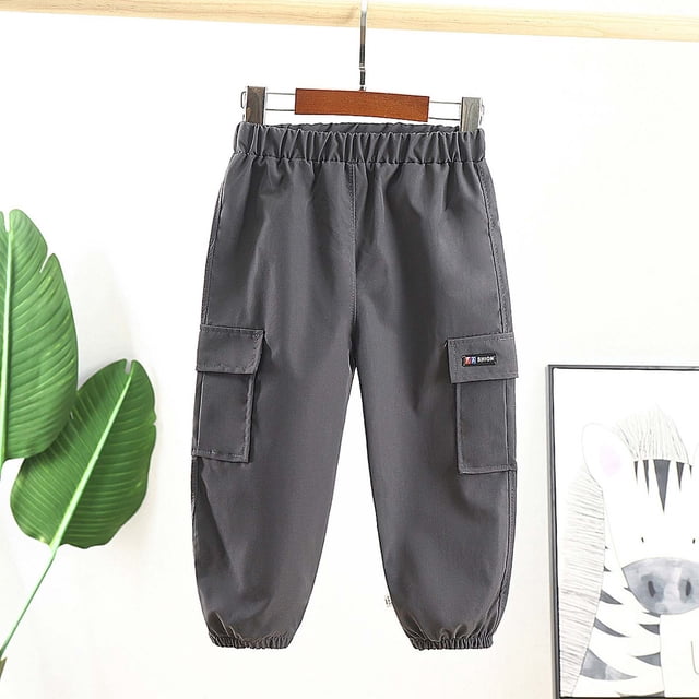 Boys Casual Trousers Cargo Pants Fashion Solid Color Length Pants Elastic Cuffs Pants