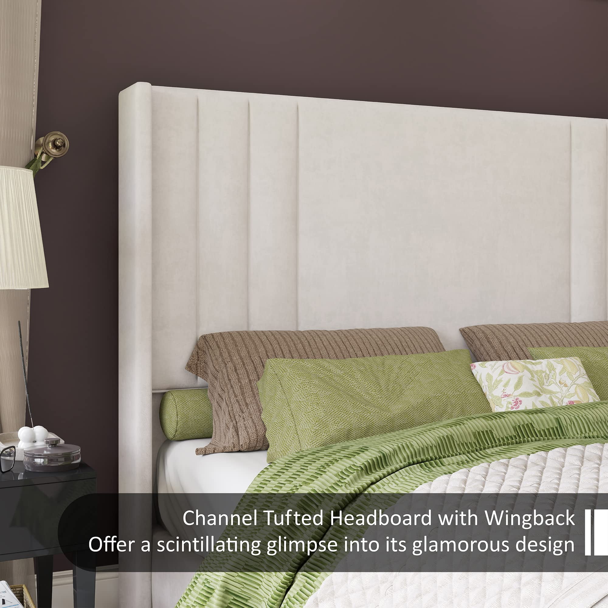 PLAUIN King Size Bed Frame with Velvet Platform, Wingback Headboard and Wood Slats, Cream