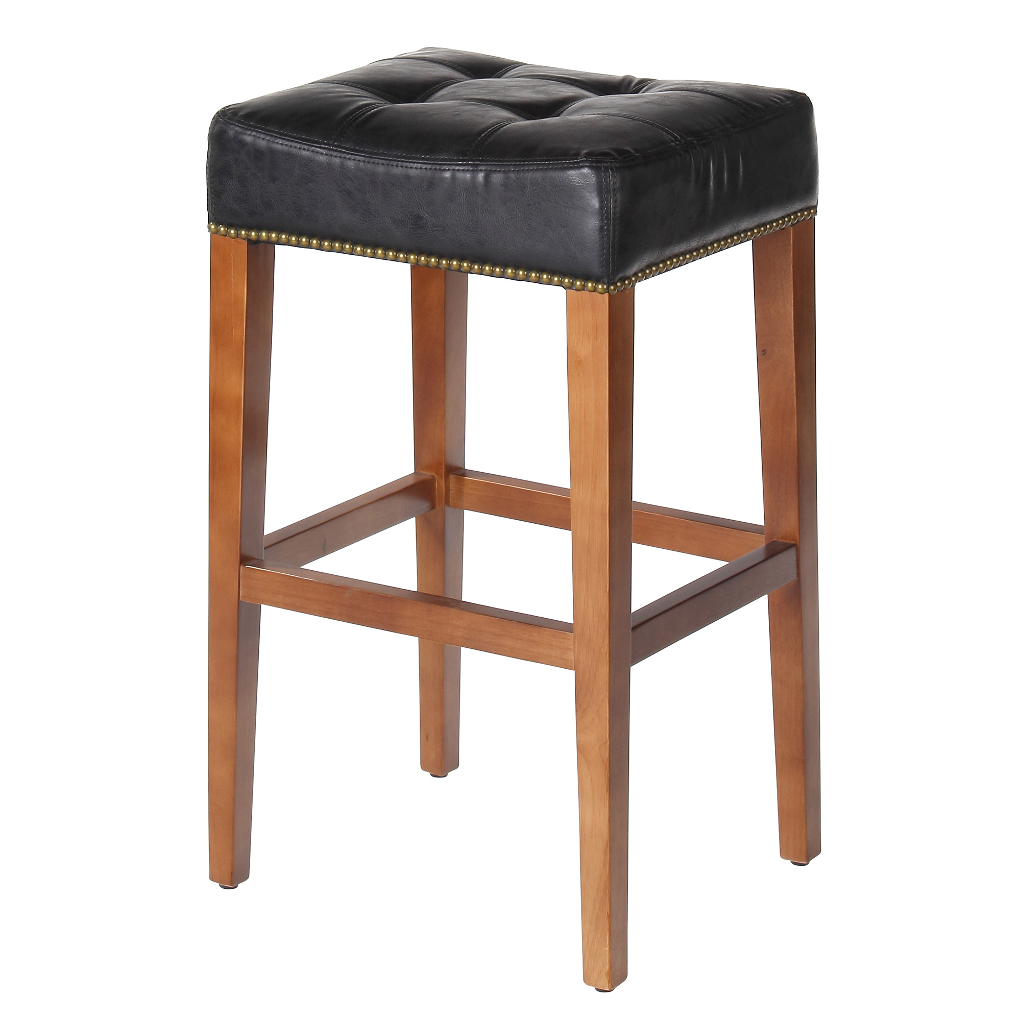 Nashville 30 Inch Barstool, Vintage Black Leather, Brass Nailhead Trim
