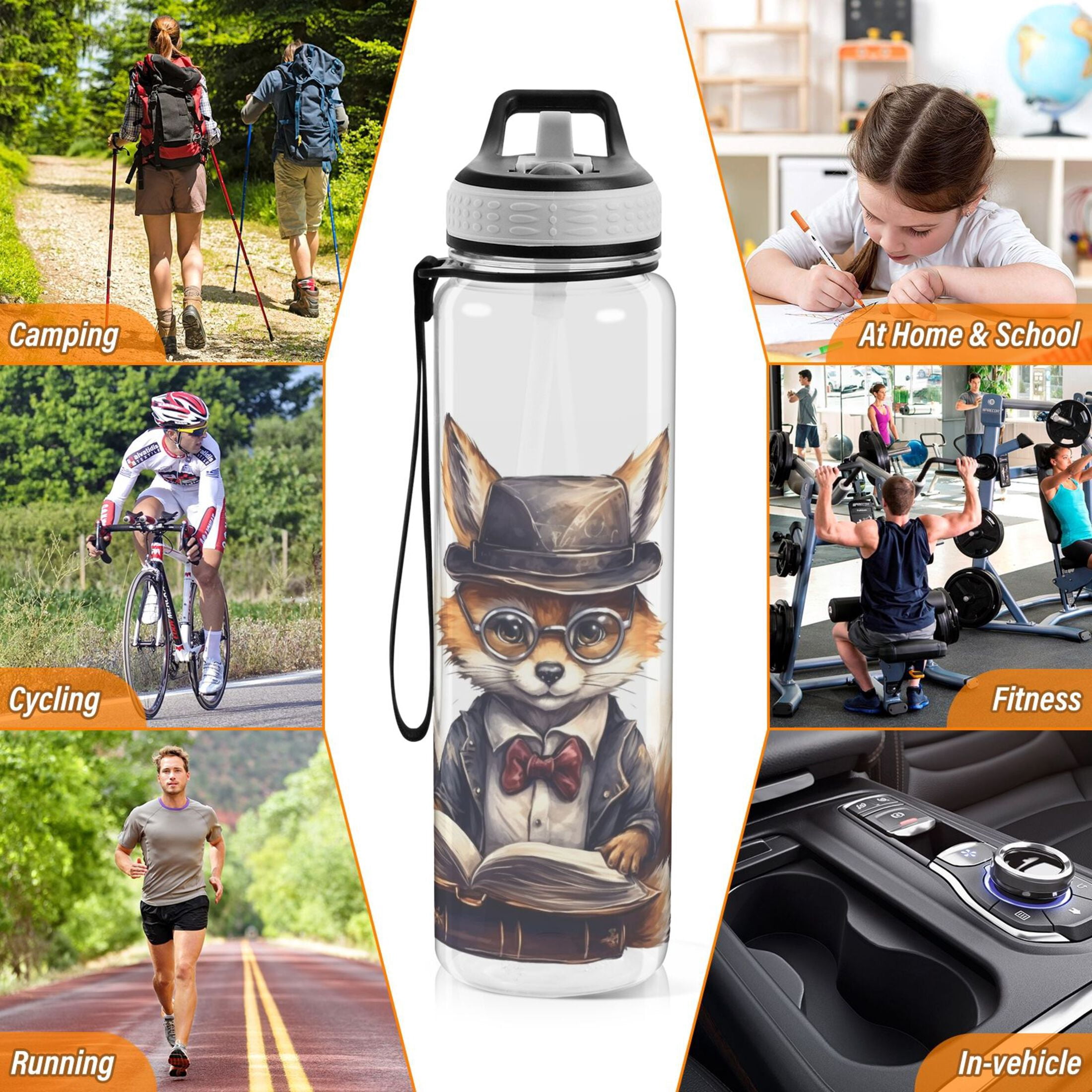 Fox Glasses Book Hat Suit Sports Water Bottle Portable Travel Mug 32oz BPA Free Leak Proof Straw Transparent Tritan for Gym Yoga Cycling Camping