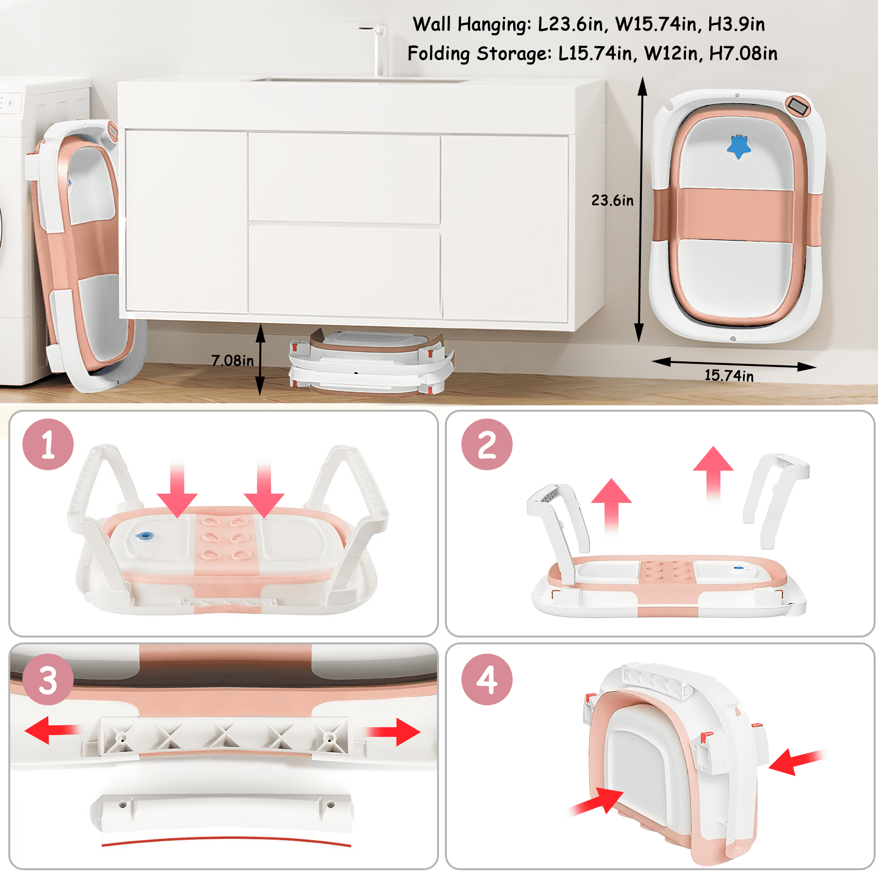 Baby Bathtub, Collapsible Newborn Bathtub for Infant to Toddler 0-36 Months with Soft Cushion+Baby Tub Sling and Thermometer, Portable Travel Bathtub, Foldable Infant Bathtub with No-Slip Feet, Pink