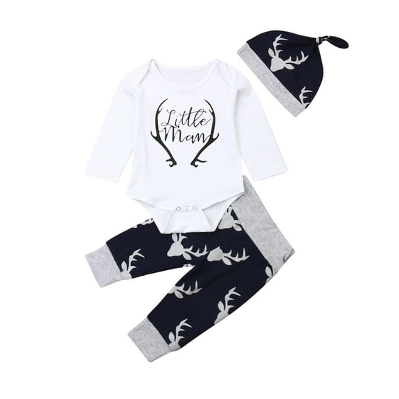 Douhoow Newborn Baby Boy Clothes Little Man Romper Deer Print Pants Hat 2Pcs Outfit Set