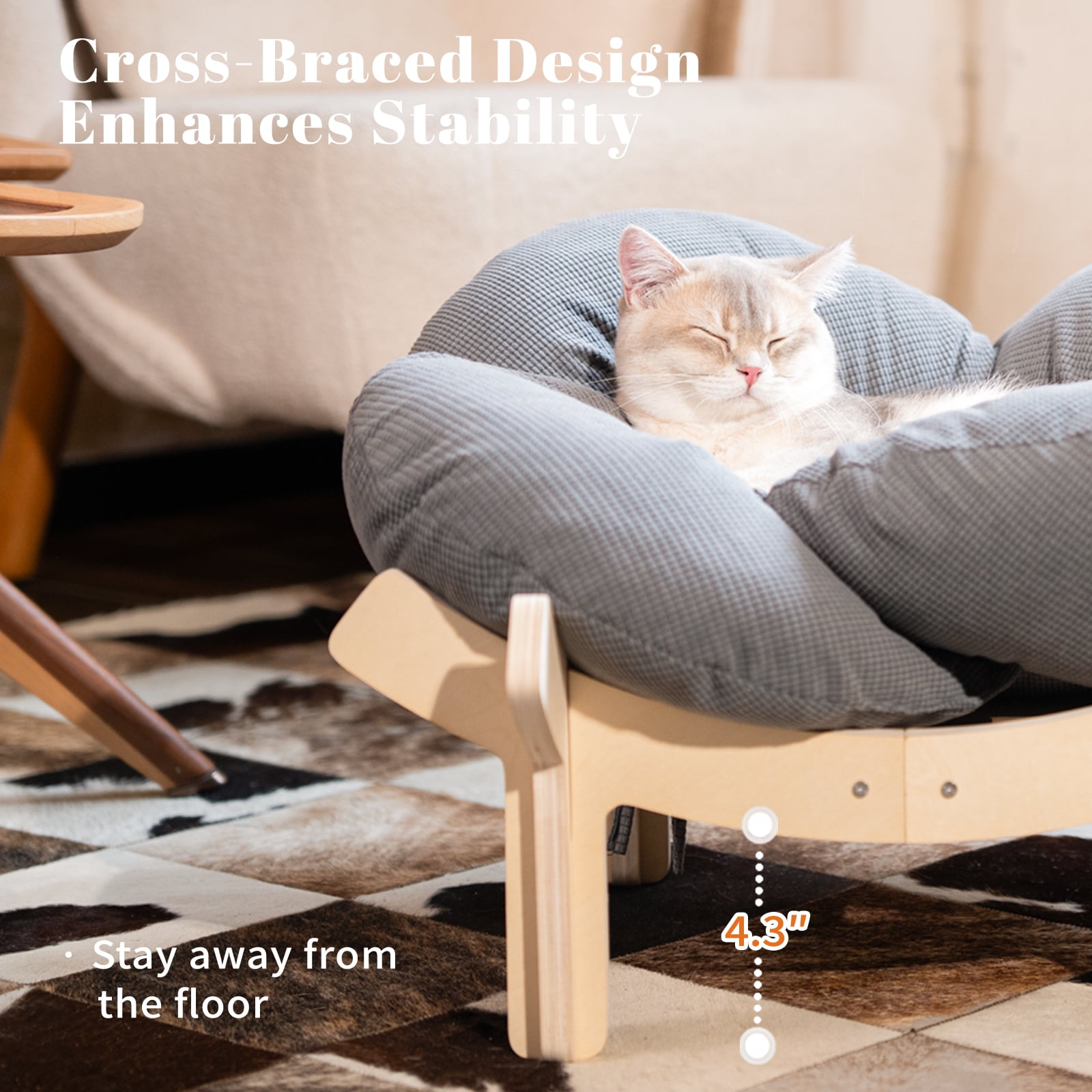 CheerPals Elevated Cat Bed, Washable Flower Pet Cushion with Sturdy Wooden Frame, Heavy-Duty Lounge Chair for Indoor Cats & Small Dogs, Gray