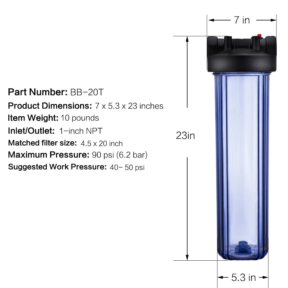 Geekpure 20 Inch Clear Whole House Water Filter Housing with Wrench Bracket -4.5" x 20" - 1" NPT Brass Port (4)