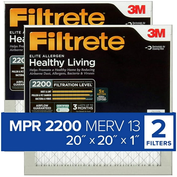 Filtrete 20x20x1 Air Filter, MPR 2200, MERV 13, Healthy Living Elite Allergen 3-Month Pleated 1-Inch Air Filters, 2 Filters