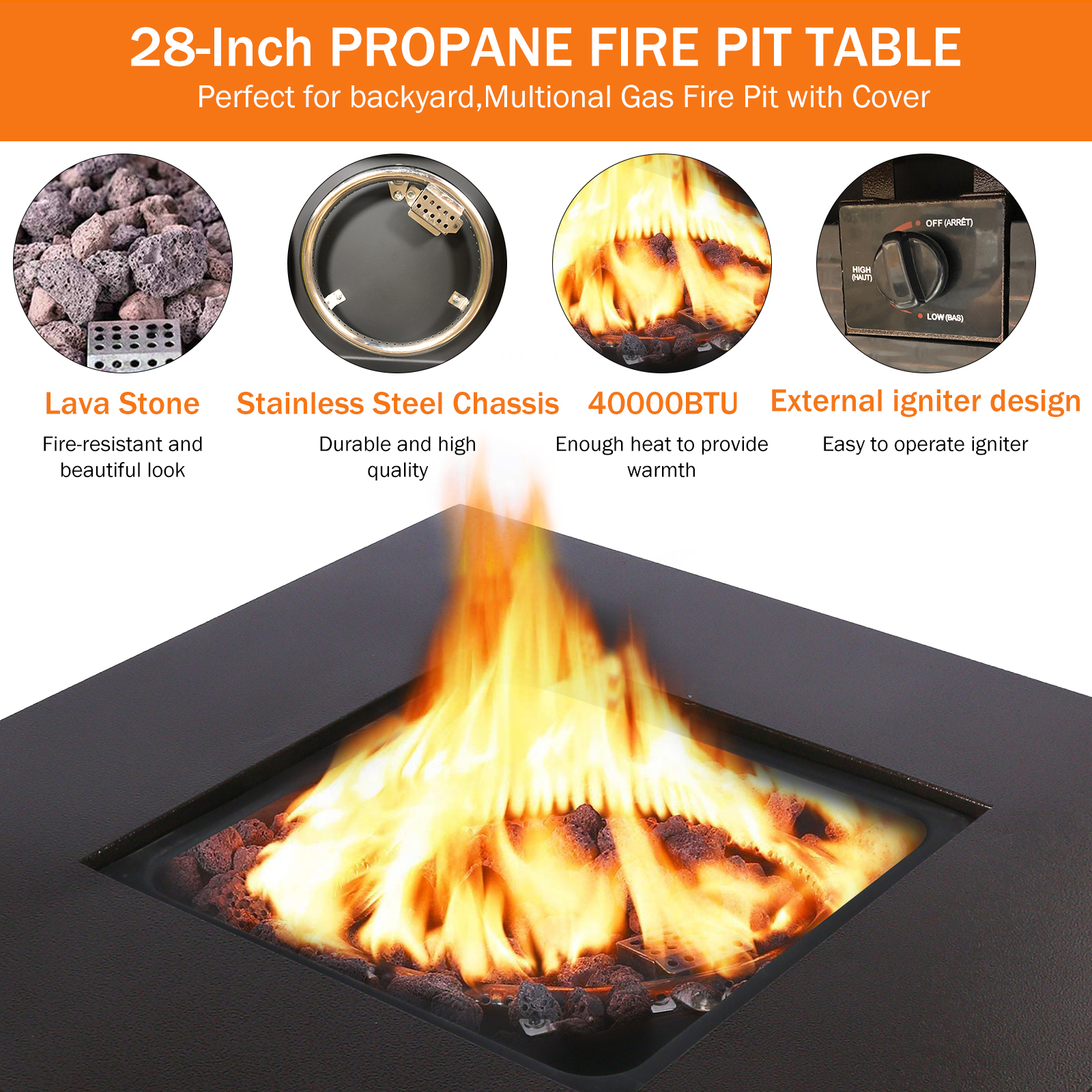 Propane Fire Pit Table, Outdoor Gas Fire Pit Table with Lid and Lava ...