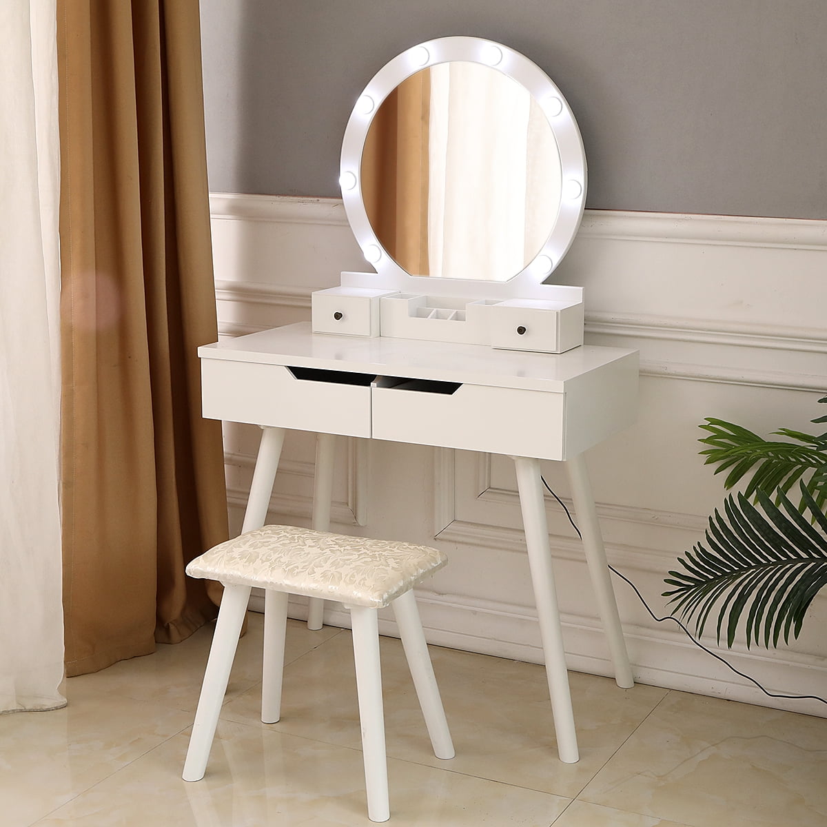 Ktaxon Vanity Set With Round Lighted, White Vanity With Round Mirror