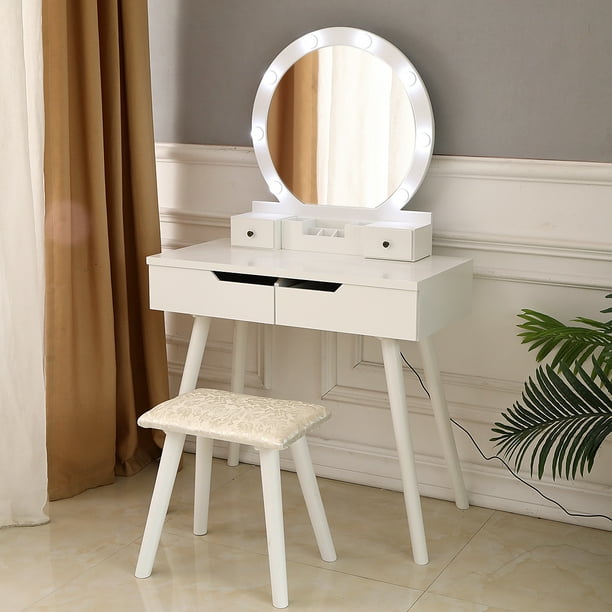 Ktaxon Vanity Set With Round Lighted, Vanity Set With Round Lighted Mirror White
