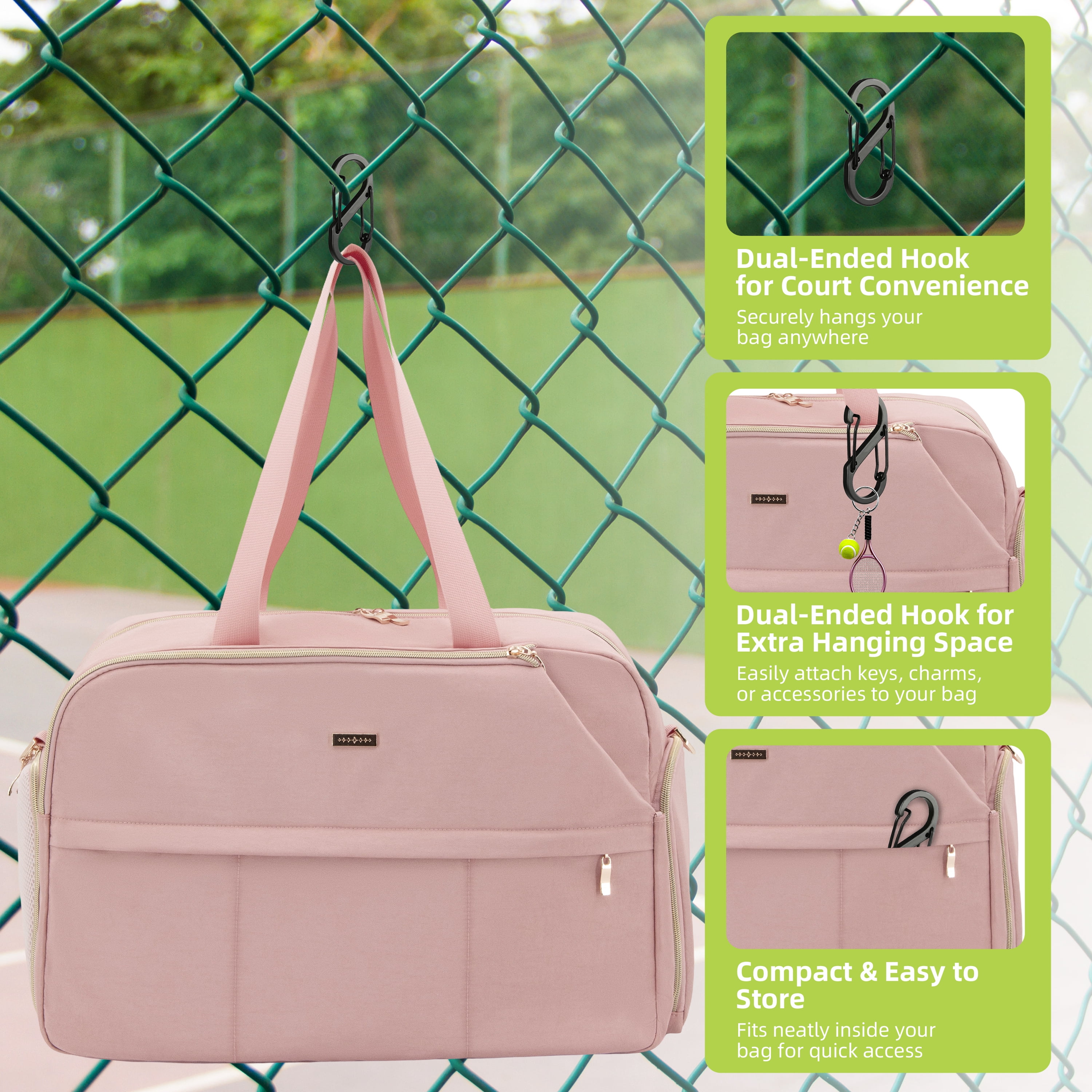 Tennis Bag for Women, Large Tennis Racket Bag Fits 2 Racquets, Pickleball Gym Sports Tote, Pink