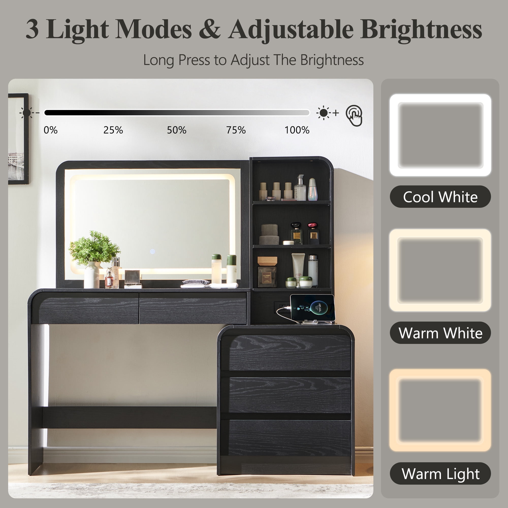 wow97e Modern Vanity Desk with Touch Screen LED Mirror, 55" Big Make Up Table with 5 Drawers , Wood Dressing Tablew/3 Color Available, Charging Station