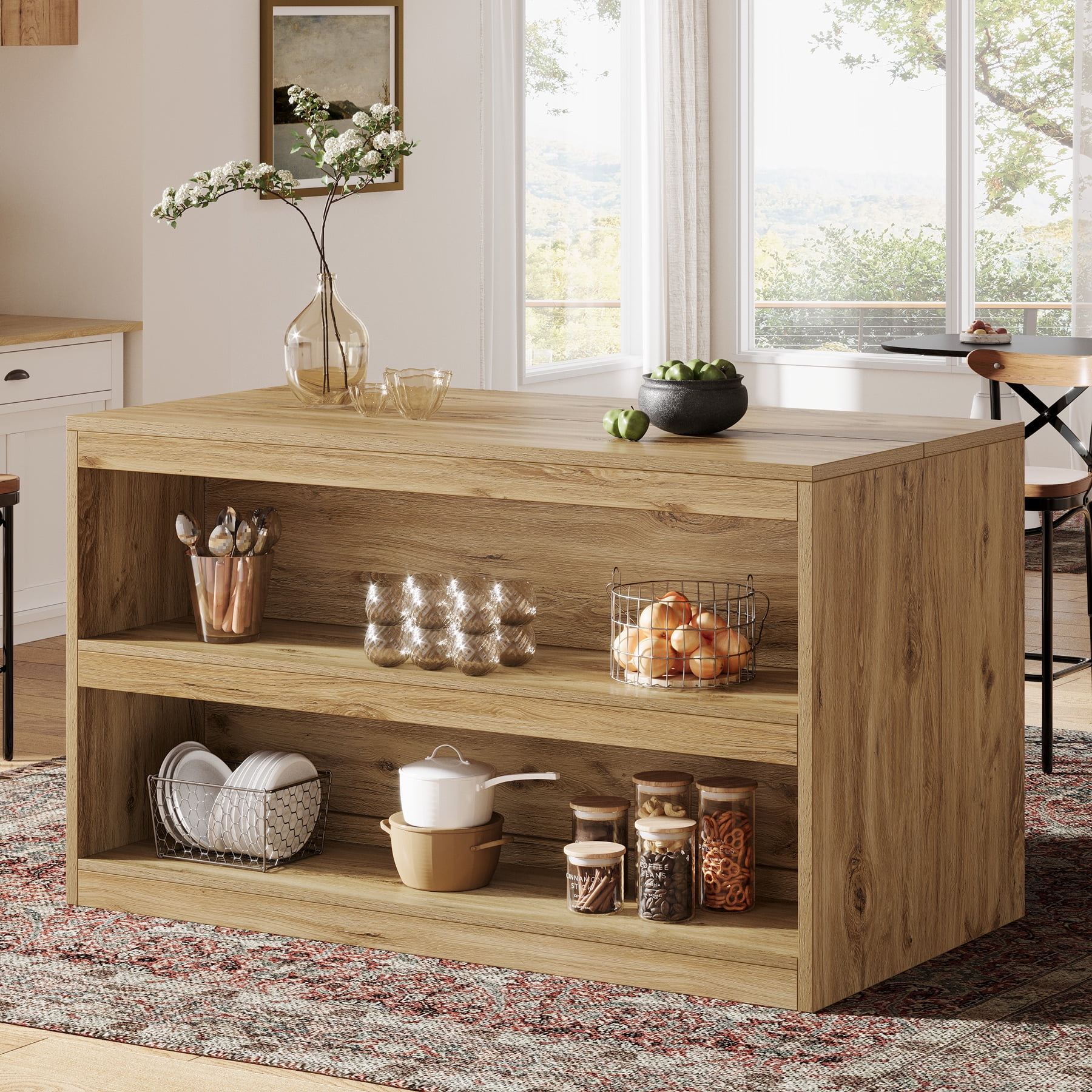 Finmind 59-inch Kitchen Island with Storage, 3-Tier Farmhouse Stationary Island Table with Spaciouse Tabletop and Seating Area for Dining Room, Kitchen, Light Wood