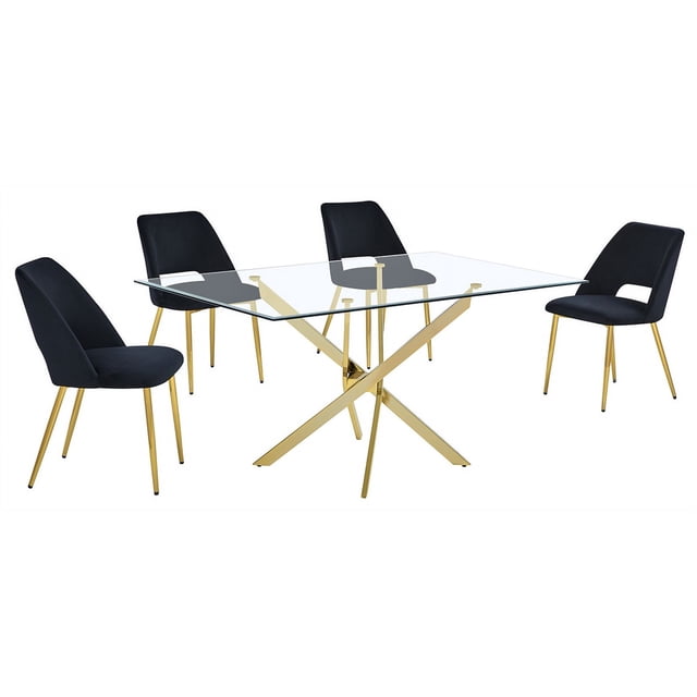 Rectangle 60" x 38" 5pc Clear Glass Dining Set with Black Chairs