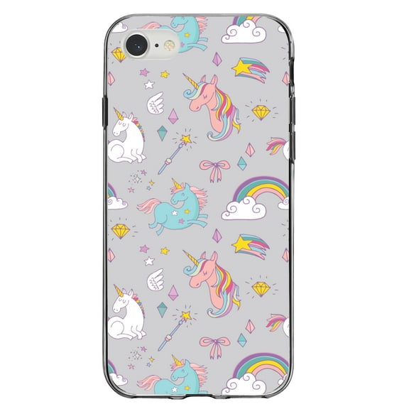 DistinctInk Clear Shockproof Hybrid Case for iPhone 7 8 SE (2020 Model) 4.7" Screen TPU Bumper Acrylic Back Tempered Glass Screen Protector - Unicorn Rainbow Wand Pattern - Grey