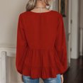thumbnail image 3 of Blusa de mujer de manga larga de color puro con cuello en V y decoración de botones con dobladillo con volantes para el hogar, color rojo vino S, 3 of 8