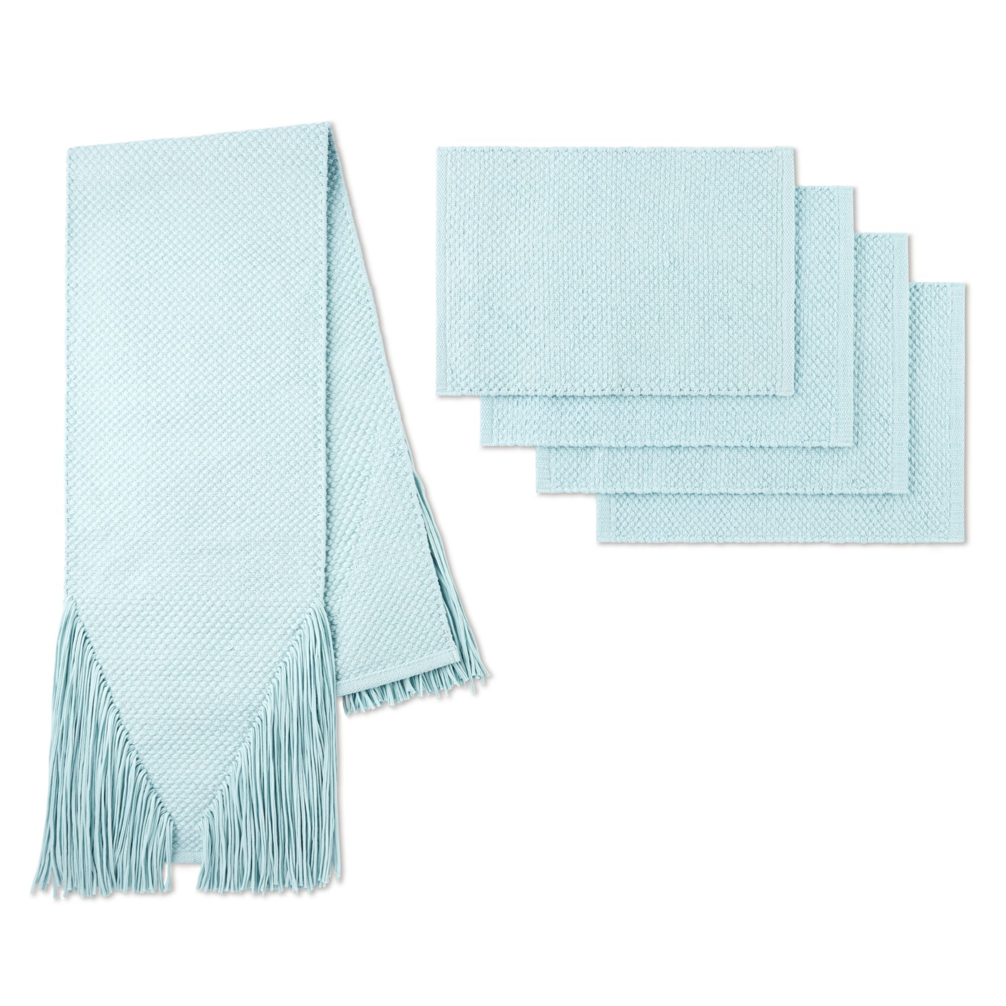 Wanda June Home Fringe Table Runner and 4 Piece Placemat Set by Miranda Lambert, Light Blue, 14'x72', 14'x19'