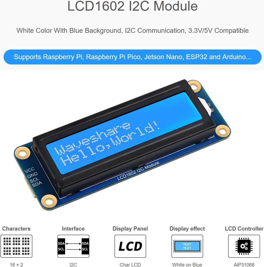 1602 LCD I2C Display Module, White Color with Blue Background 16x2 Characters LCD für / Pico/Jetson Nano/ESP32/Arduino, 3.3V/5V Compatible