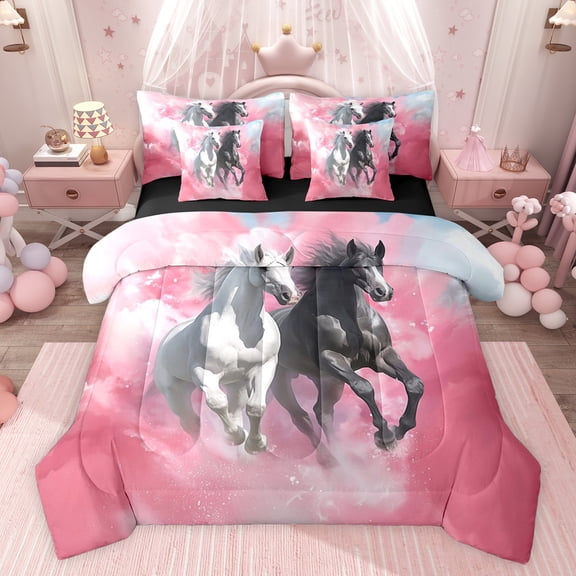 Feelyou 3D Couple Horse Twin Bedding Sets 7-Piece for Kids, Kawaii Rustic Animal Bedding Comforter Set, Pink Watercolor Reversible Sheet Sets, Luxury Bedroom Decor