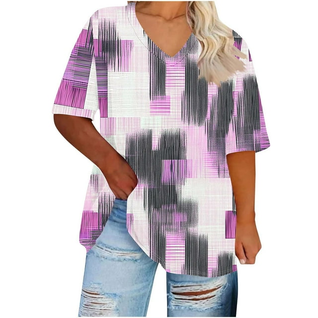 Hauts d'Été Grande Taille pour Femmes aux Formes, Manches Courtes, T-Shirt Mignon et Décontracté, Coupe Ample, Tendance, Sorties, T-Shirts, Chemises, Violet Foncé, 3TG