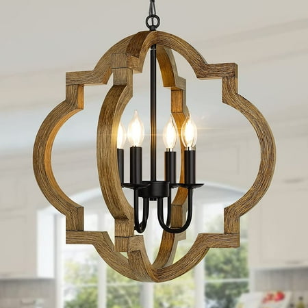 

21.6 Farmhouse Wood Chandelier 4-Light Rustic Dining Room Light Fixture Orb Chandelier Light Adjustable Hanging Chain Black Chandelier for Kitchen Island Foyer Over Dining Table Bulb Not Included