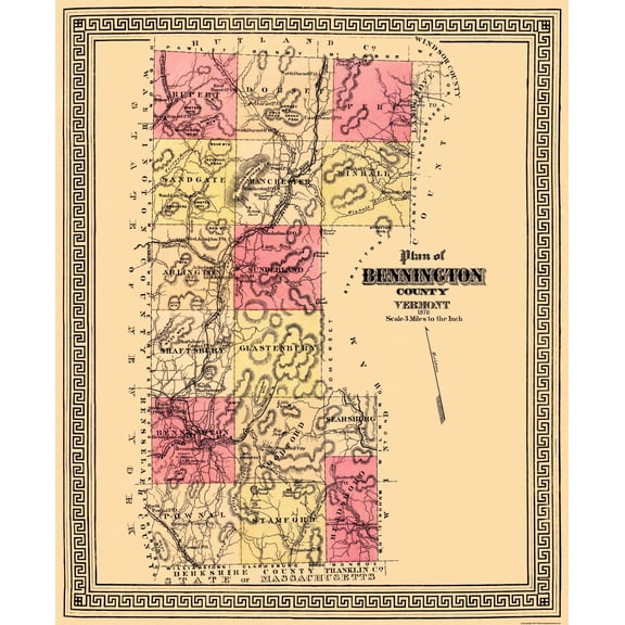 Historic County Map - Bennington County Vermont - Beers 1876 - Vintage Wall Art