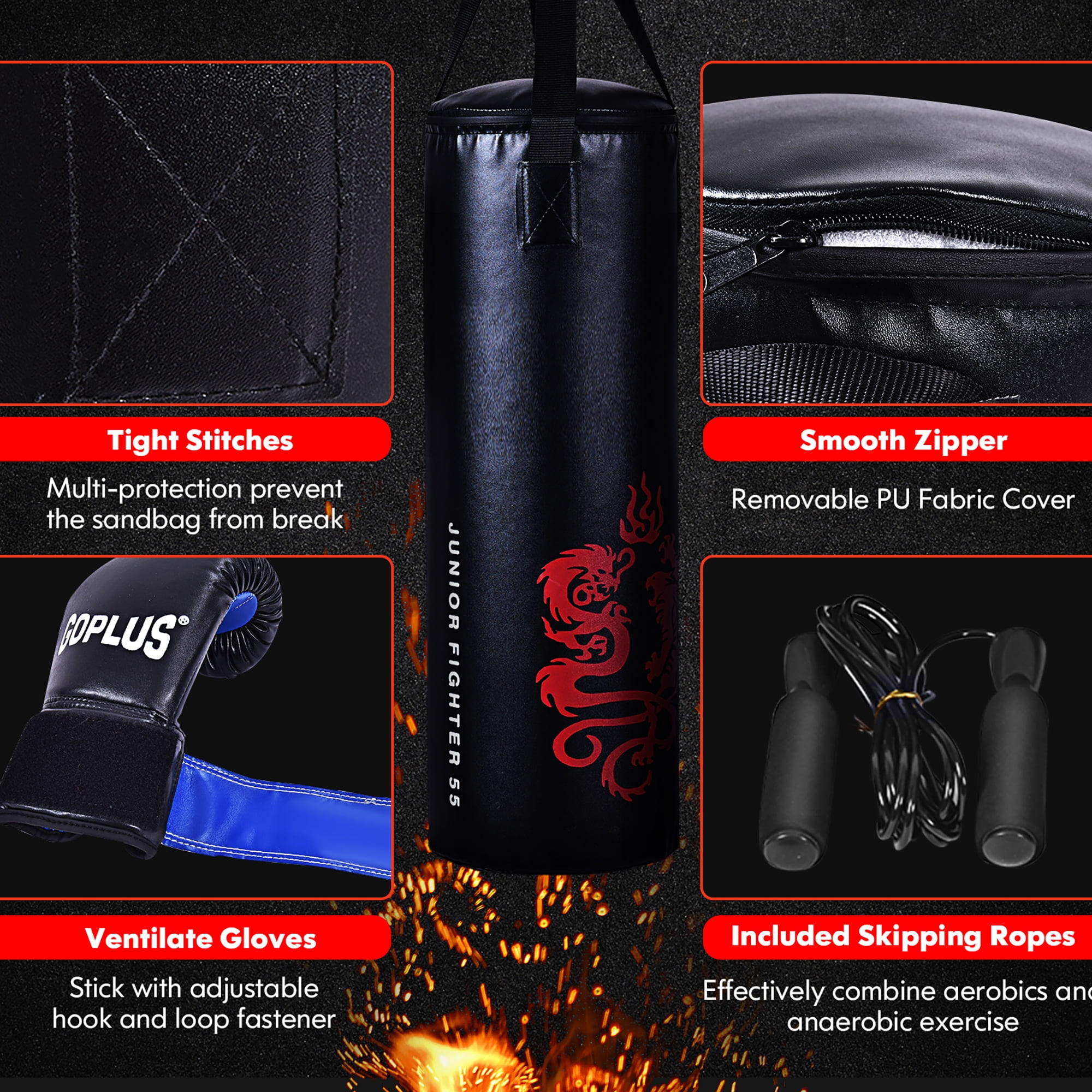 Goplus 40Lbs Filled Punching Boxing Suit w/Sandbag Gloves Rucksack Hook Jump Rope