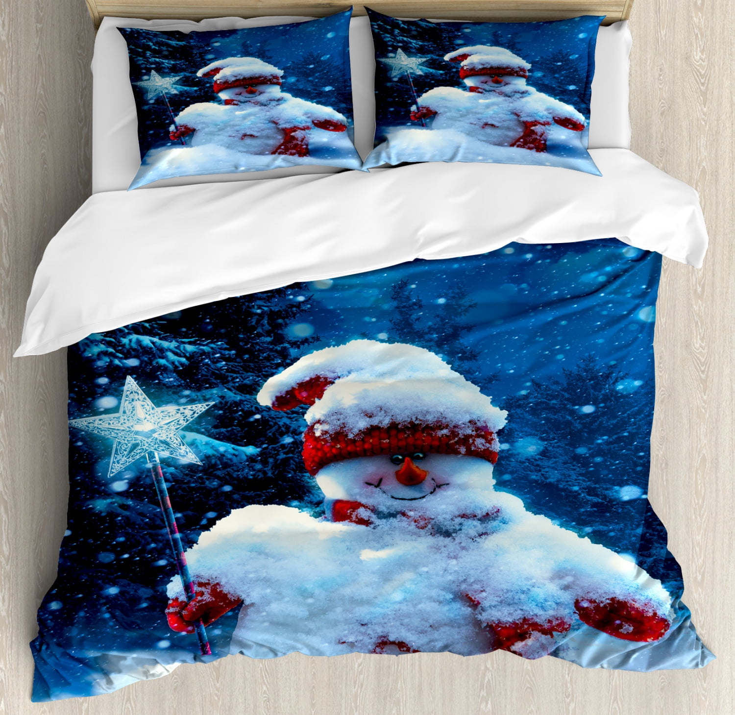 Christmas Happy Snowman Blue King Size Christmas Duvet Bedding Festive Set 
