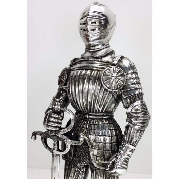 12 3/4" Medieval Times KNIGHT CHROME / SILVER STATUE MAXIMILIAN STYLE W / SWORD