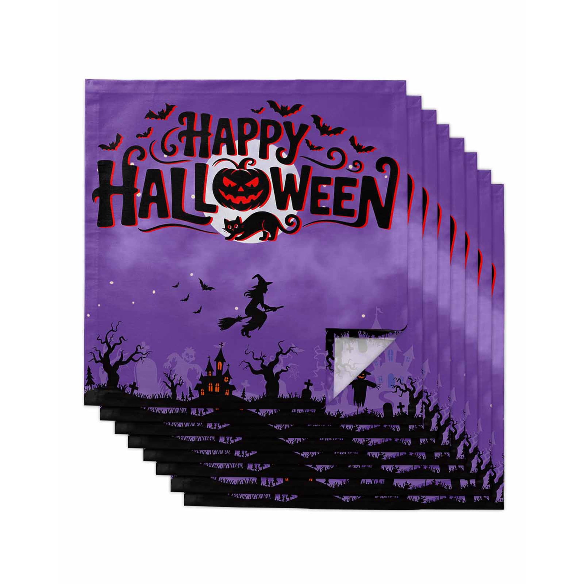Happy Halloween Cloth Napkins Set of 8 Reusable Dinner Napkins Pumpkin Witch Castle Cat Tree Purple Black Cocktail Napkin Washable Table Napkins for Wedding/Holiday Party/Baby Shower 20 x20