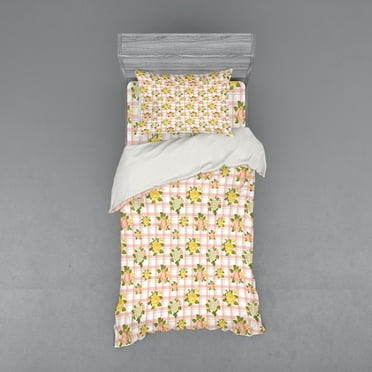 Ambesonne Shabby Flora Bedding Set 3 Pcs, Roses on Plaid Back, Twin, Coral and Olive Green