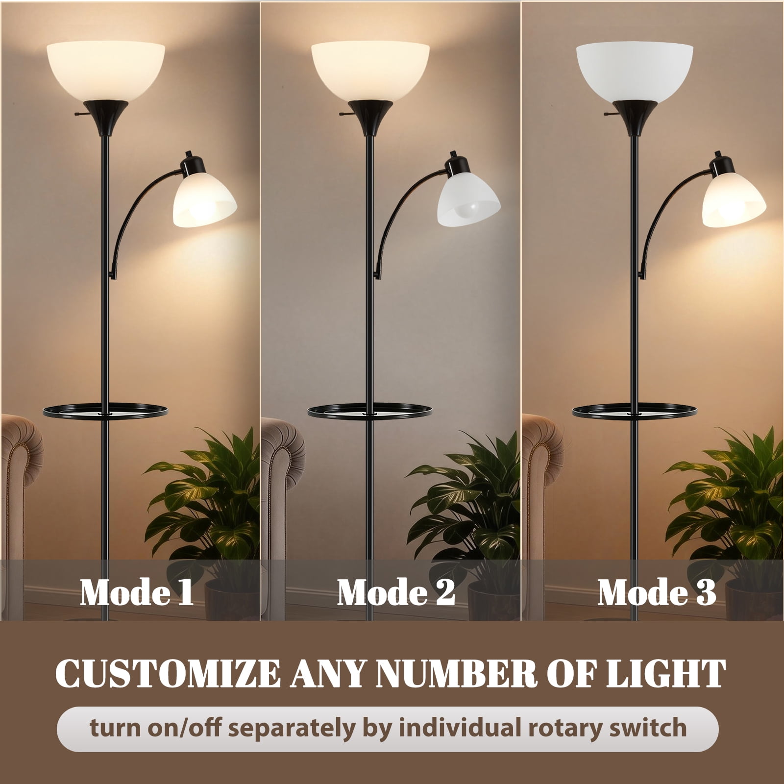 NATYSWAN Floor Lamps for Living Room,Torchiere Floor Lamp with 8W Adjustable Reading Lights, Morden Tall Lamps for Living Room, Bedroom, Office, 3 Bulbs Included