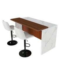 63" Kitchen Island w/ LED, Grill, 2 Beige Stools, White Marble Top
