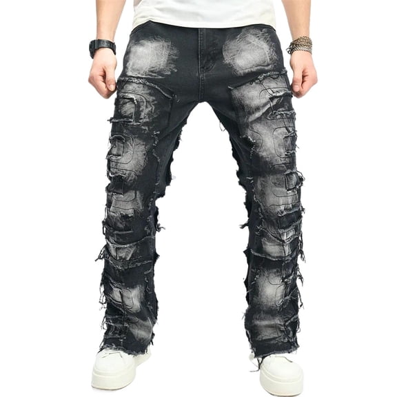Reppunk Stylish Men Ripped Distressed Street Style HipHop Straight Jeans Trousers Male Holes Patch Spliced Slim Biker Denim Pants