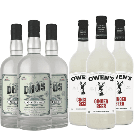 Dhōs Handcrafted Non-Alcoholic Gin 3 Pack w 3 Pack Owen’s Mixers Ginger Beer - Keto-Friendly, Zero Sugar, Zero Calories, Zero Proof - 750 ML - Perfect for Mocktails - A