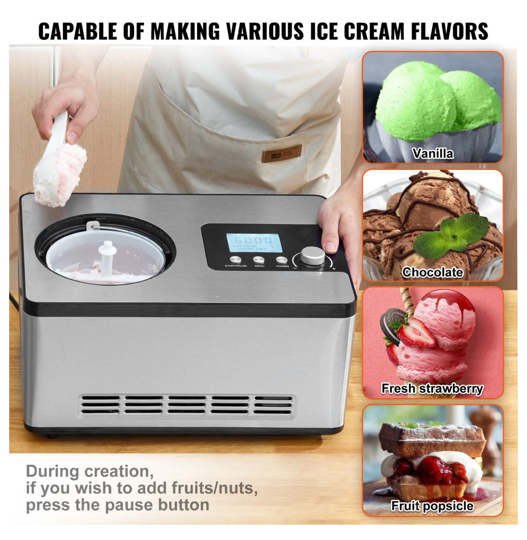 Ice Cream Maker with Compressor, 2 Quart No Pre-freeze, Fruit Yogurt Sorbet Maker, 3 Modes, LCD Display & Timer, Stainless Steel Gelato Machine, Silver