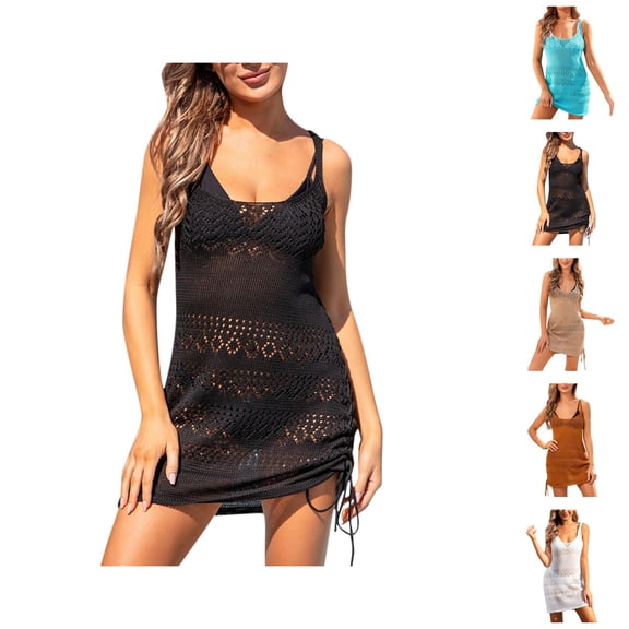 Swimsuit Coverup for Women Sleeveless Backless Scoop Neck Crochet Knit Lightweight Mini Dress Beach Cover Up