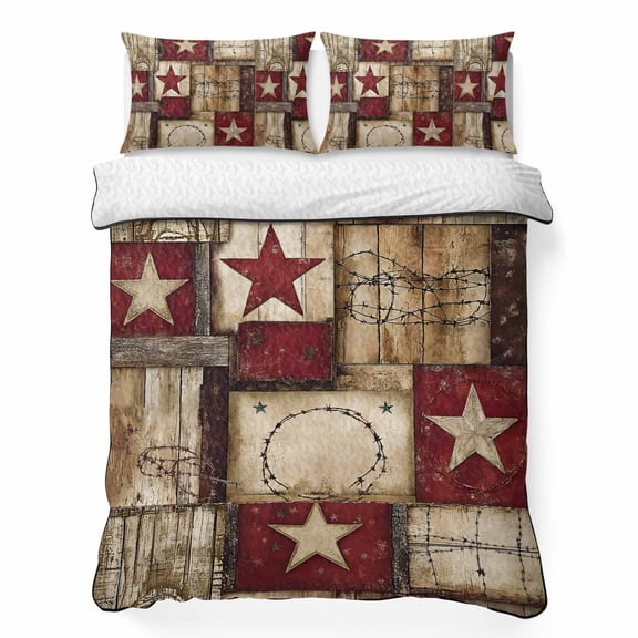 King Quilt Bedding Set Western Star Farm Retro Wood Board Summer Quilt Lightweight Quilted Coverlet with 2 Pillow Shams, Country Farmhouse 3-Piece Bedspread Quilt Set for All Season