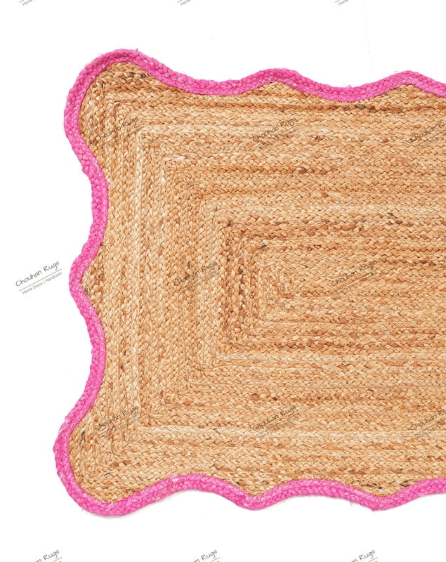 Rectangle Rug Natural Jute Rug Hand Braided Beige and Pink Color Rounding Line Area Rug