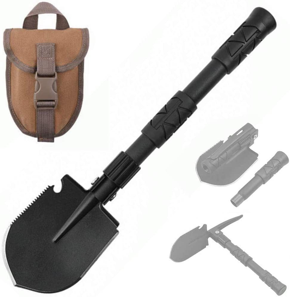 Folding Shovel 16 Military Portable and Pickax Multipurpose Tool with Tactical Waist Carrying Pouch for Outdoor Survival,Camping Backpacking,Gardening Outdoor Activity Entrenching Tool Hiking