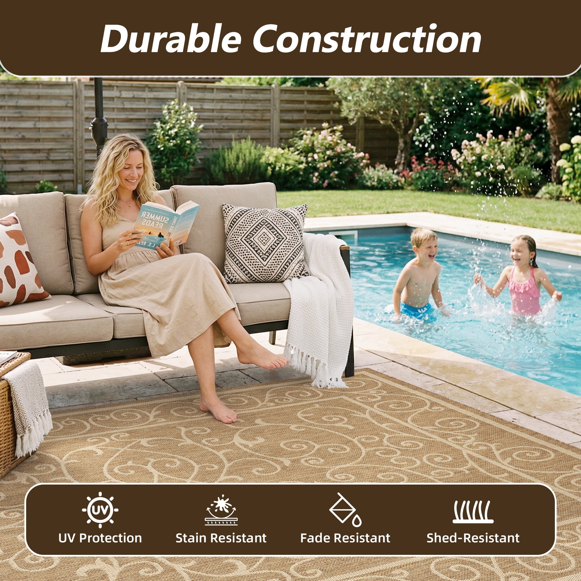 SIXHOME Outdoor Rugs 8'x10' Patio Rug Bohemian Floral Indoor Outdoor Rugs Polypropylene Washable Non Shedding, Easy Clean, Waterproof, Durable Outdoor Carpet for Porch Balcony Deck Neutral Brown