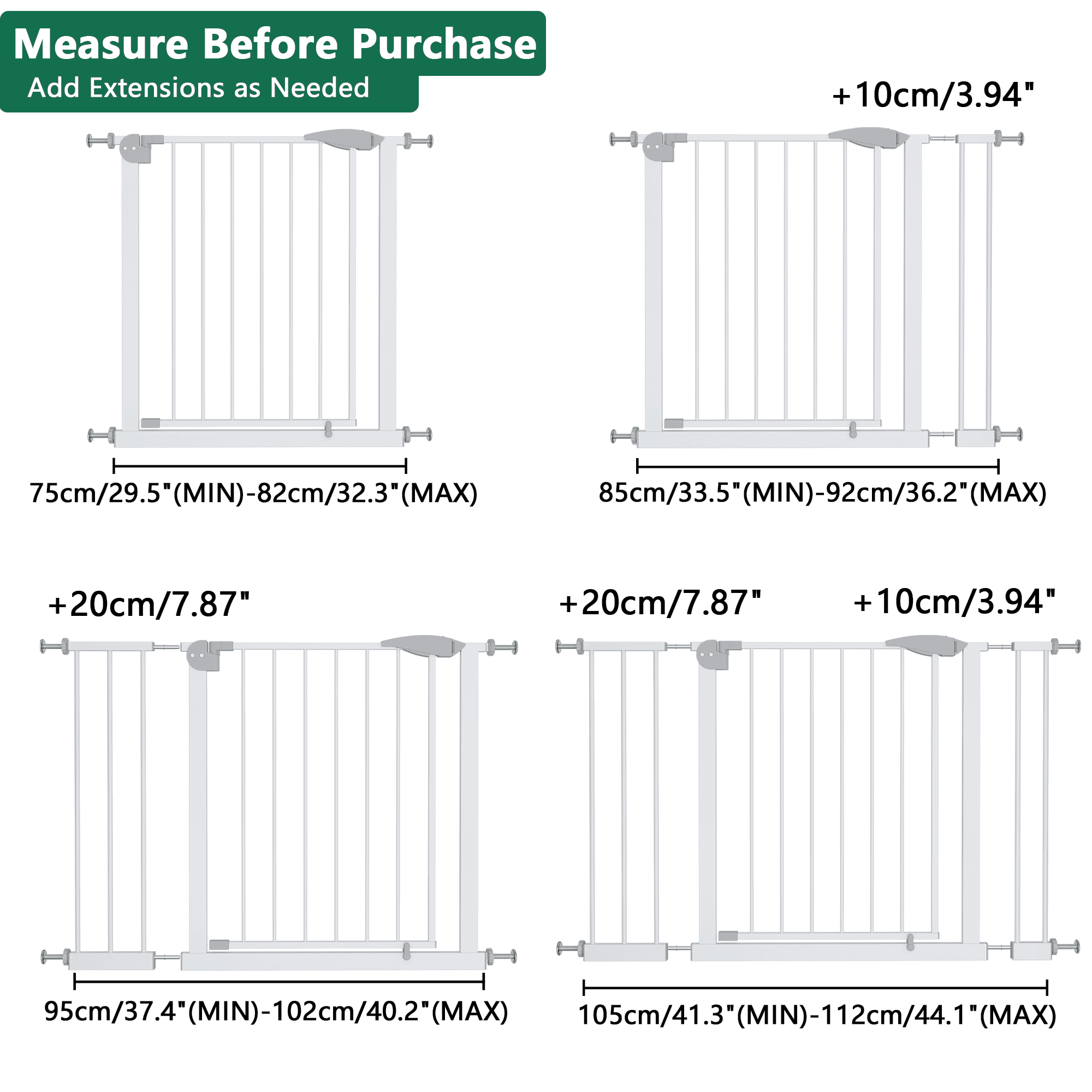 Pressure Mounted Baby Gate 29.5-44.1 Inch for Stairs and Doorways, Safety Gate and Pet Gate for Kids and Dogs with Walk-Through Design, White
