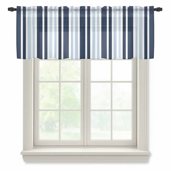 Navy Blue Valance Curtains for Kitchen/Living Room/Bathroom/Bedroom Window, Rod Pocket Small Topper Half Short Window Curtains Voile Sheer Scarf, Modern White Geometric Vertical Stripes 60"x18"