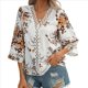 thumbnail image 1 of Camiseta de Verano para Mujer, Elegante, Informal, con Mangas 3/4, Cuello en V, Estilo Étnico Bohemio y Estampado Acampanado. Color Café XL, 1 of 8