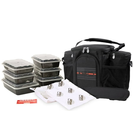 Isobag 3 Meal System Meal Prep Insulated Lunch Bag - Isobag 3 Meal Thin Red Line - 4 Fully Insulated Compartment Meal Management System - Includes 6 Reusable BPA-free Containers, 2 Ice Packs & Padded Shoulder Strap 3 Meal ()