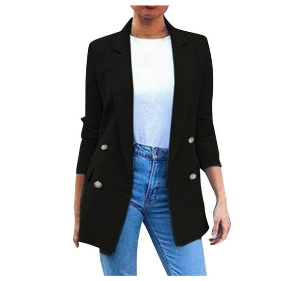 Baberdicy Women Coat Coat Outwear Double Long Jacket Mid Women Collar Elegant Breasted Notched Women's Coat Womens Blazer Black