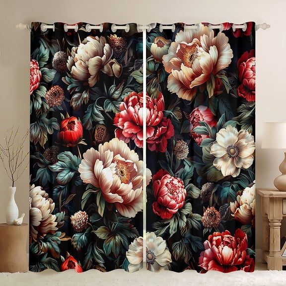 Homewish Teenagers Adults Retro Chic Floral Peony Black Out Curtains,Vintage Aesthetic Curtains Pack of 2 (42x63 Each),Luxury Exotic Style Bedroom Curtains,Breathable Home Decor