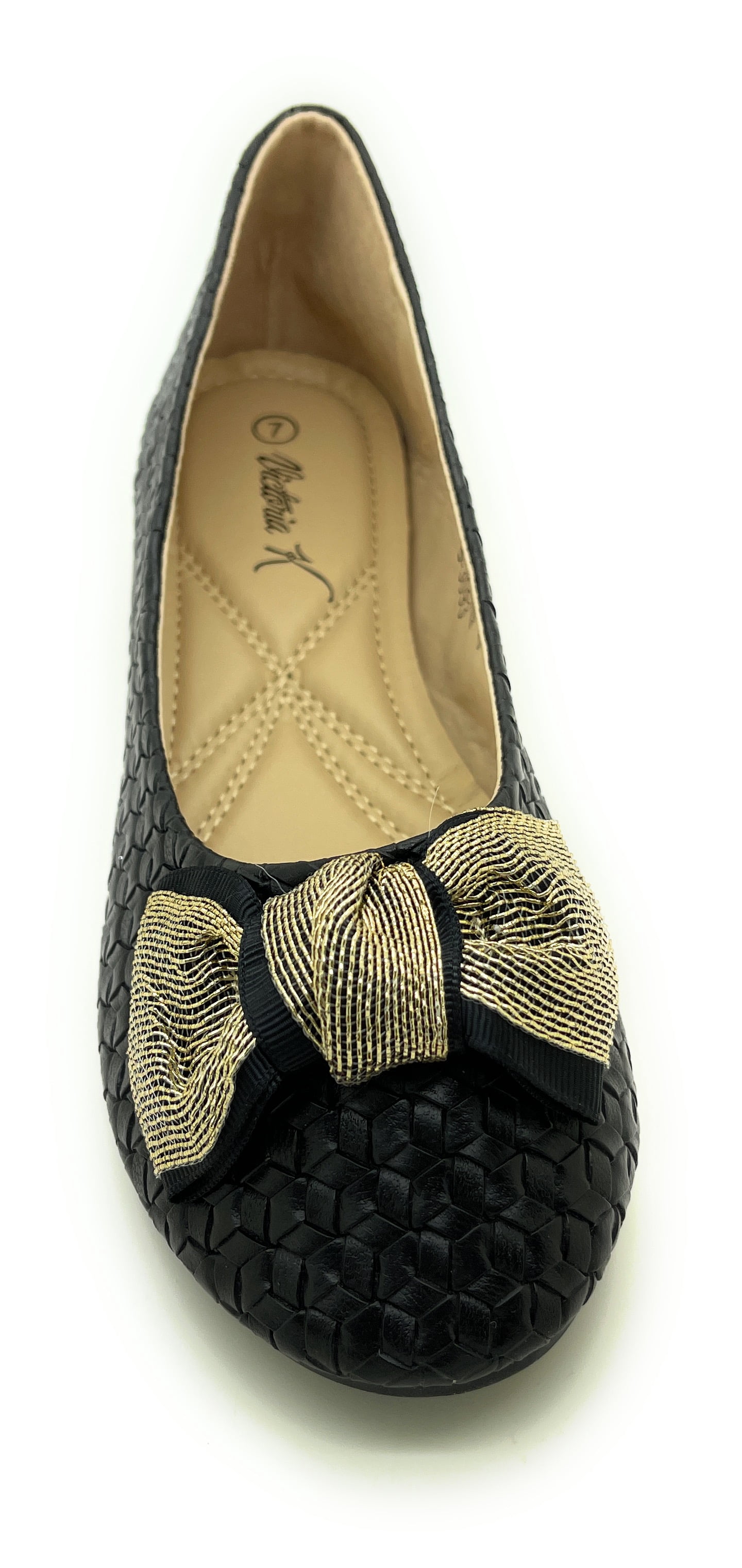 Elegant Women woven ballet flats with a chic gold bow accent. Lightweight, comfy, and versatile—perfect for work, casual outings, or evenings, blending timeless style with modern charm.