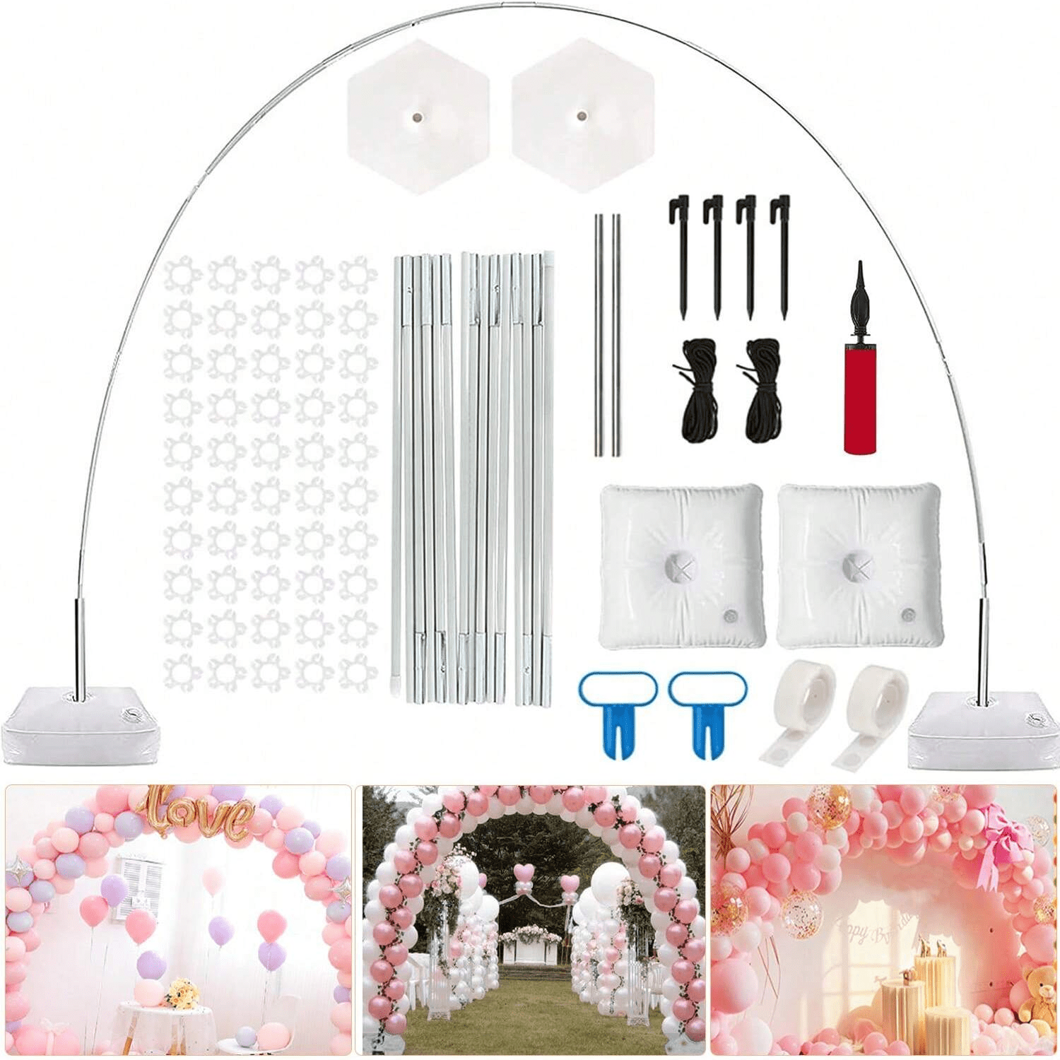 Upgraded Balloon Arch Stand Kit - PONAMFO Balloon Arch Frame with 15 White Rods, Steel Pipes, Balloon Pump and Water Fillable Base, Adjustable Height for Wedding Baby Shower Birthday Party Decoration