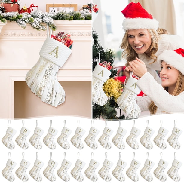 Medias de Navidad con carta bordada personalizadas - Calcetín de rayas de Papá Noel de 22 cm con gancho para la decoración de la chimenea y el árbol